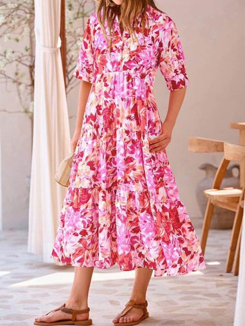 PrettyGarden Floral Button Front Tiered Midi Shirt Dress